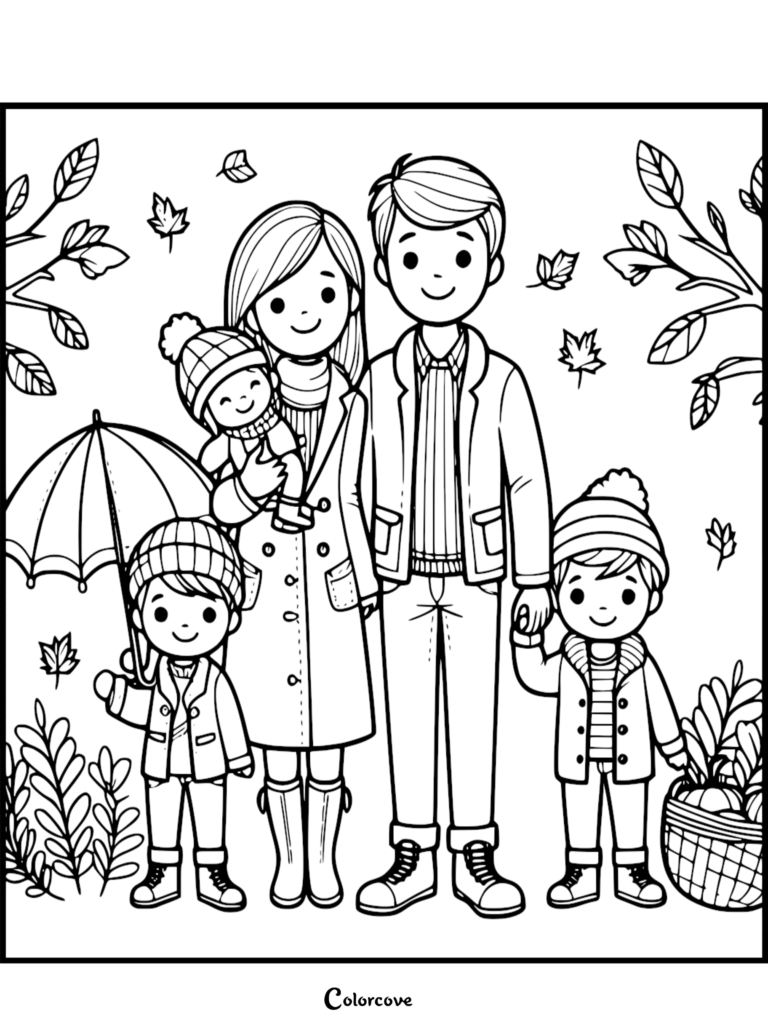 A family of five in cozy fall sweaters and hats standing together in a park with falling leaves, featured in a free printable coloring page.