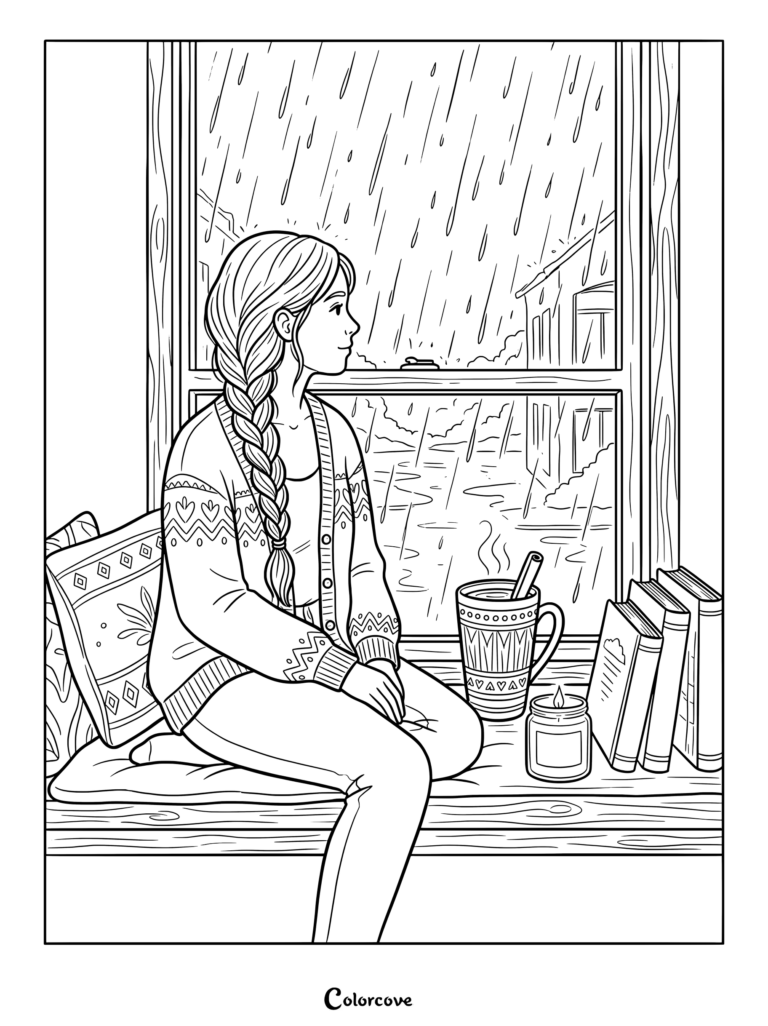 A cozy Fall coloring page of a girl with a braid watching the rain from a windowsill with books and cocoa.