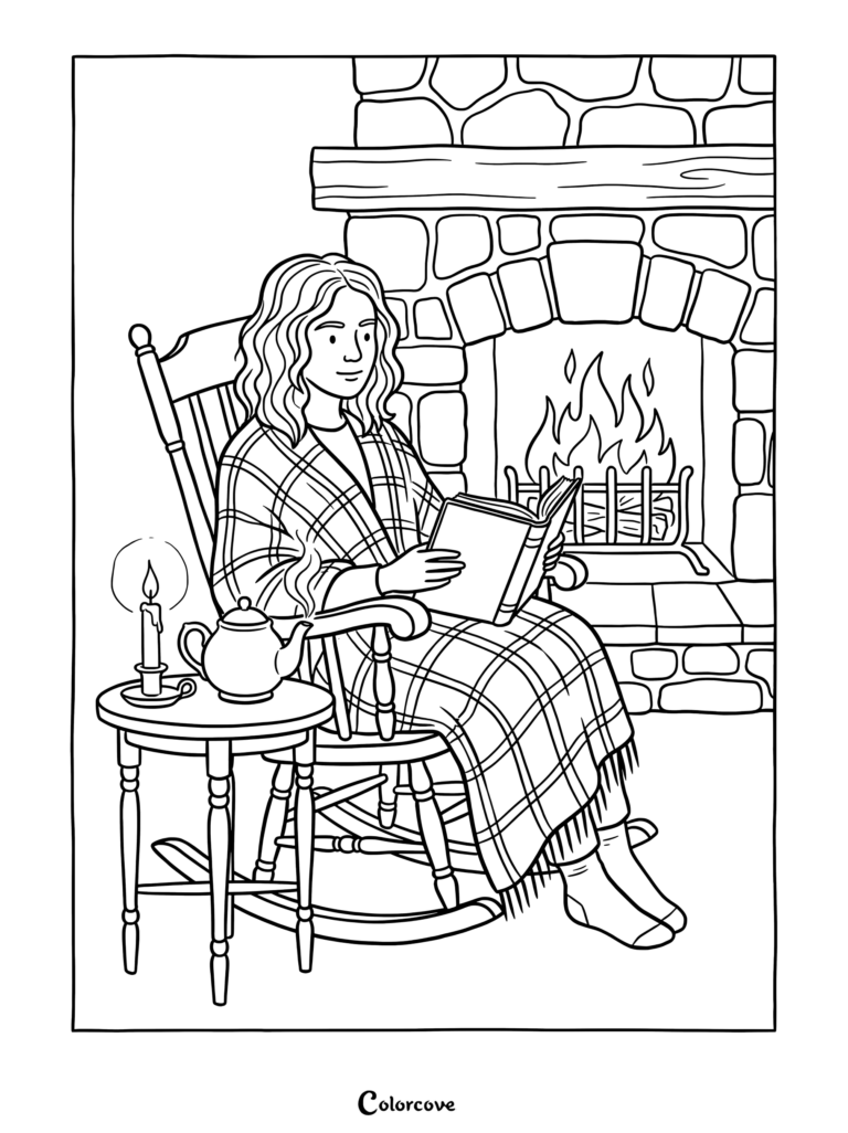 Fall coloring page featuring a woman wrapped in a blanket reading a book in a rocking chair by a stone fireplace.
