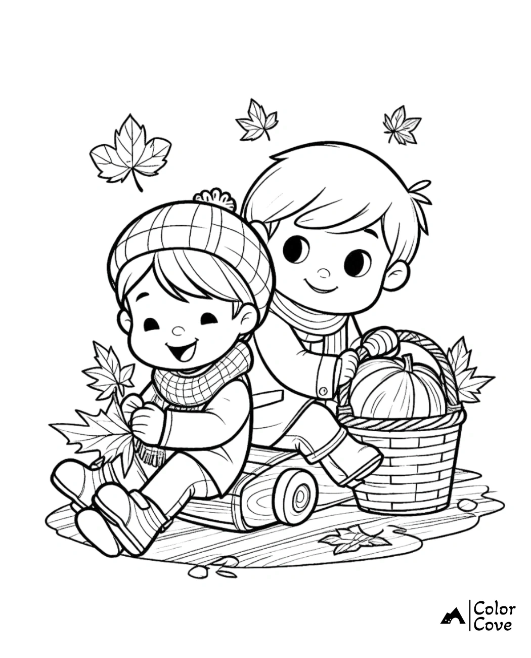 a cartoon of two kids riding on a wooden sled