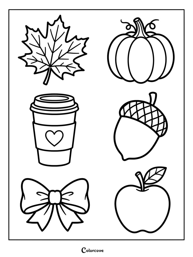 A printable coloring page featuring a maple leaf, pumpkin, coffee cup with heart, acorn, bow, and apple.