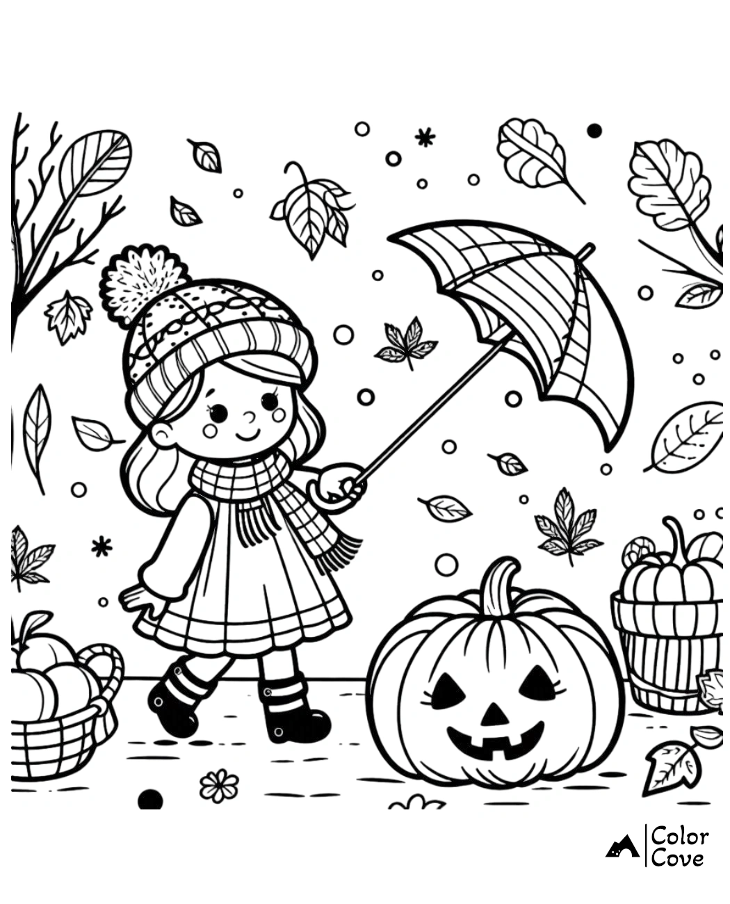 Child holding an umbrella with autumn leaves falling, jack-o'-lantern, and pumpkins in baskets, designed for coloring.