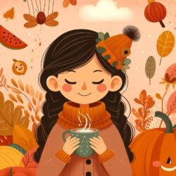 Cute autumn-themed coloring page with girl in cozy sweater holding a steaming cup, surrounded by pumpkins and fall leaves.