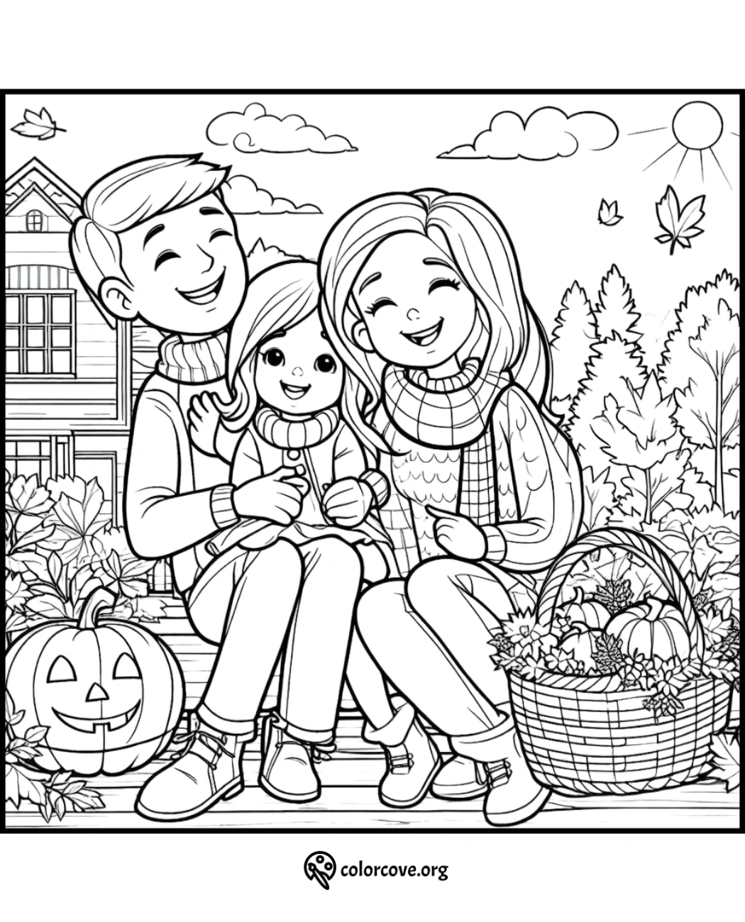 a coloring page of a family sitting on a bench