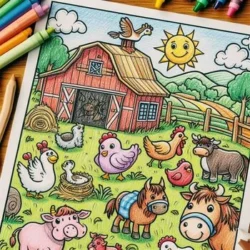 Farm animal coloring page with a barn, farm animals, sun, and crayons; fun and educational activity for kids.