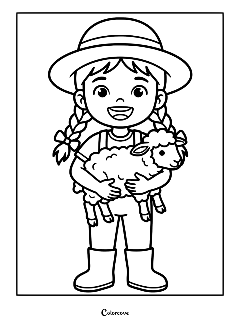A happy girl with braided hair and a sun hat holding a small fluffy lamb in this farm animal coloring page.