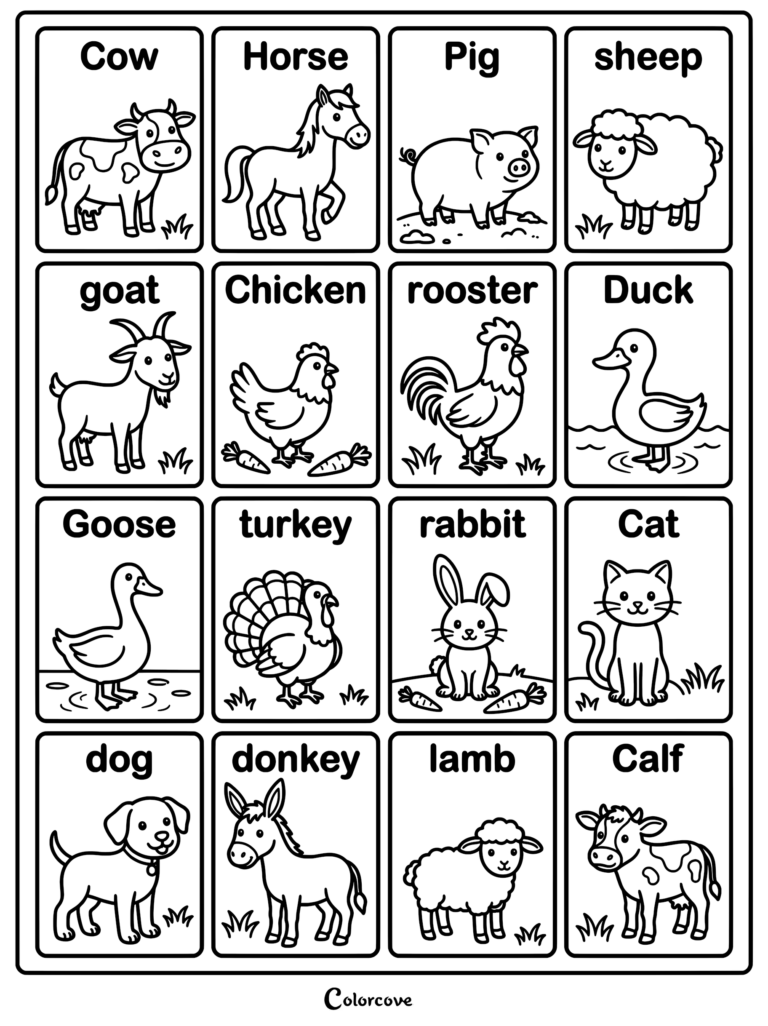 A grid-style farm animal coloring page featuring sixteen labeled animals including a cow, horse, pig, sheep, goat, chicken, rooster, duck, goose, turkey, rabbit, cat, dog, donkey, lamb, and calf.