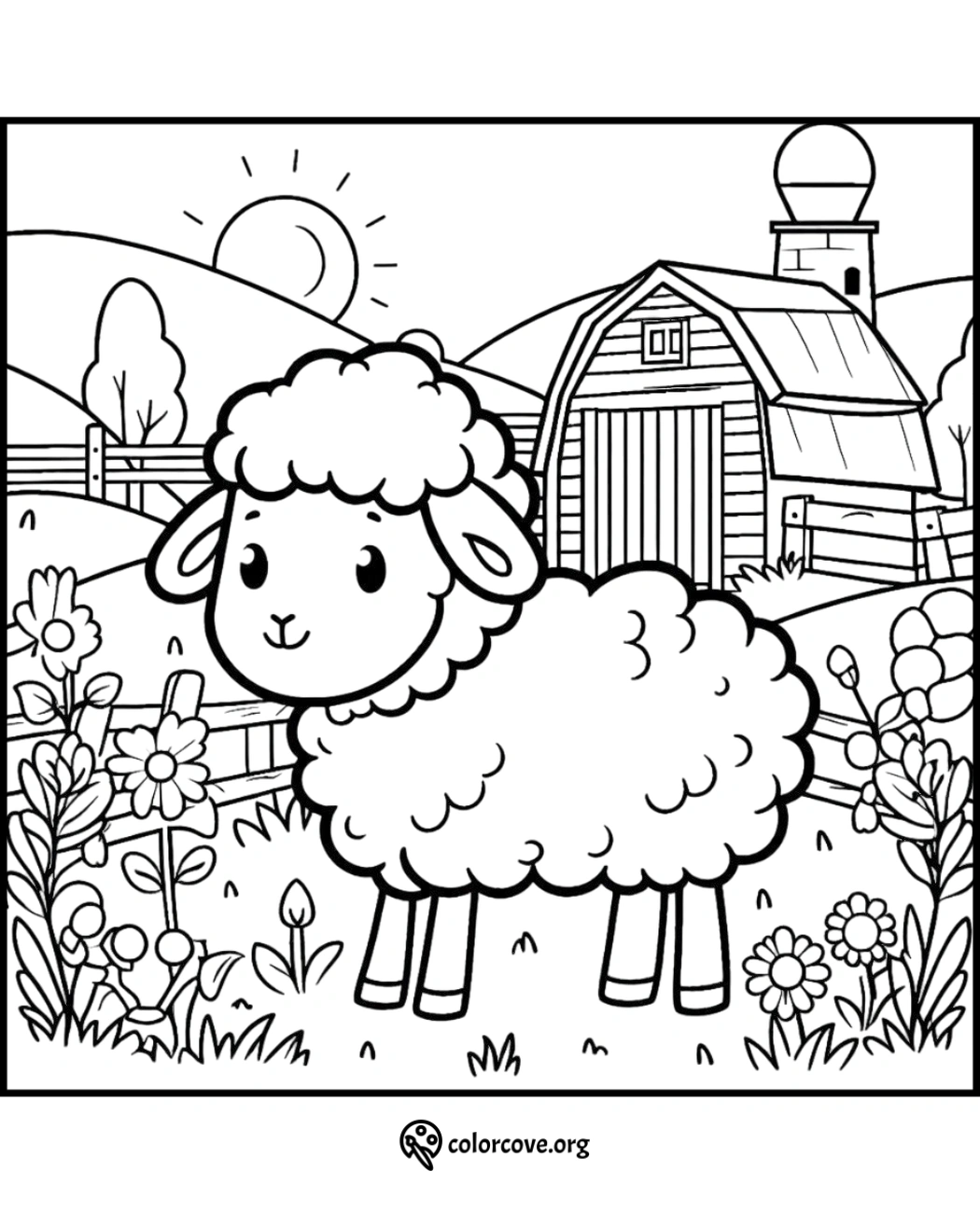 a black and white drawing of a sheep in a field