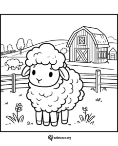 Coloring page of a cute sheep standing in a farm with a barn in the background. Ideal for kids' farm animal coloring activities.