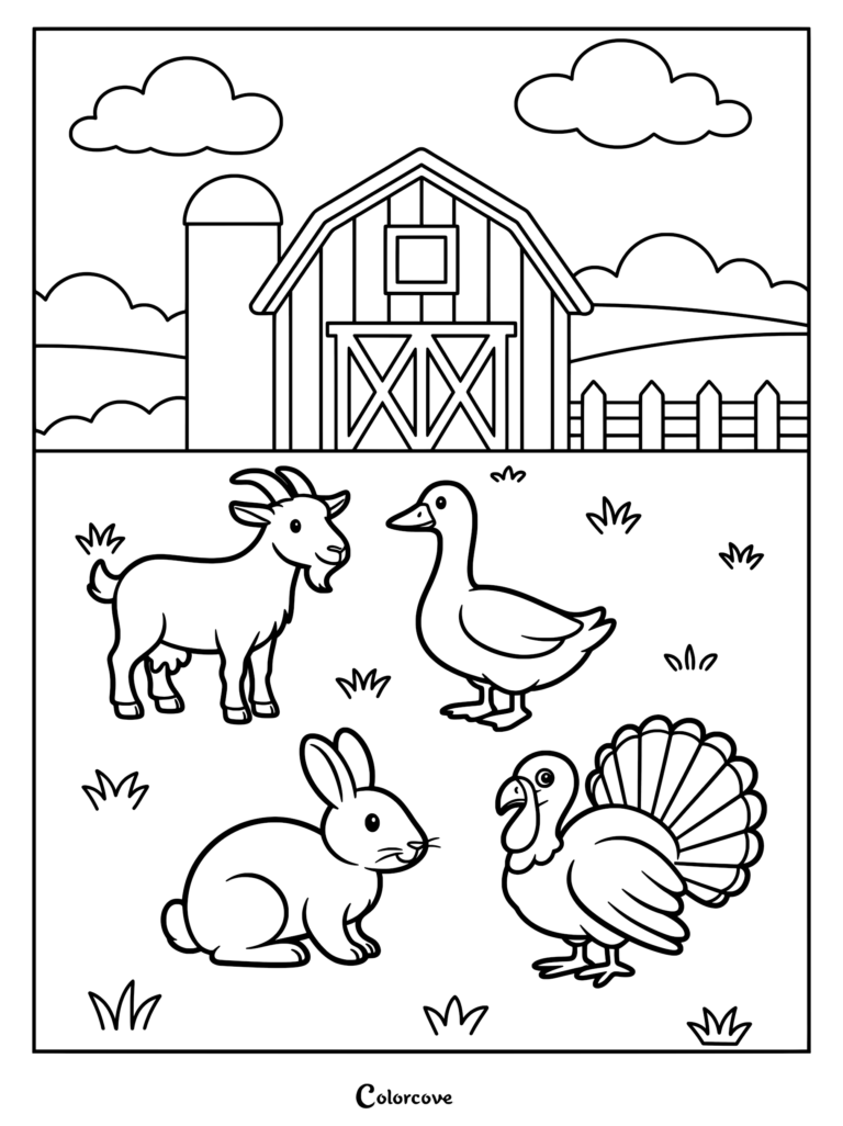 A goat, duck, rabbit, and turkey standing in a grassy field in front of a barn, presented as a black and white coloring page.