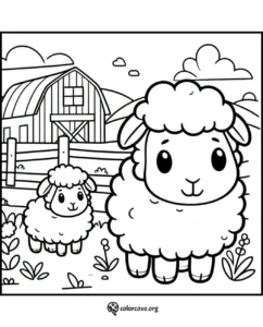 Cute sheep coloring page for kids featuring a farm scene with a barn and two sheep in a field.