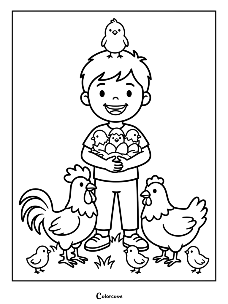 A smiling boy holding a nest of chicks with a chick on his head, surrounded by a rooster and hen, coloring page.