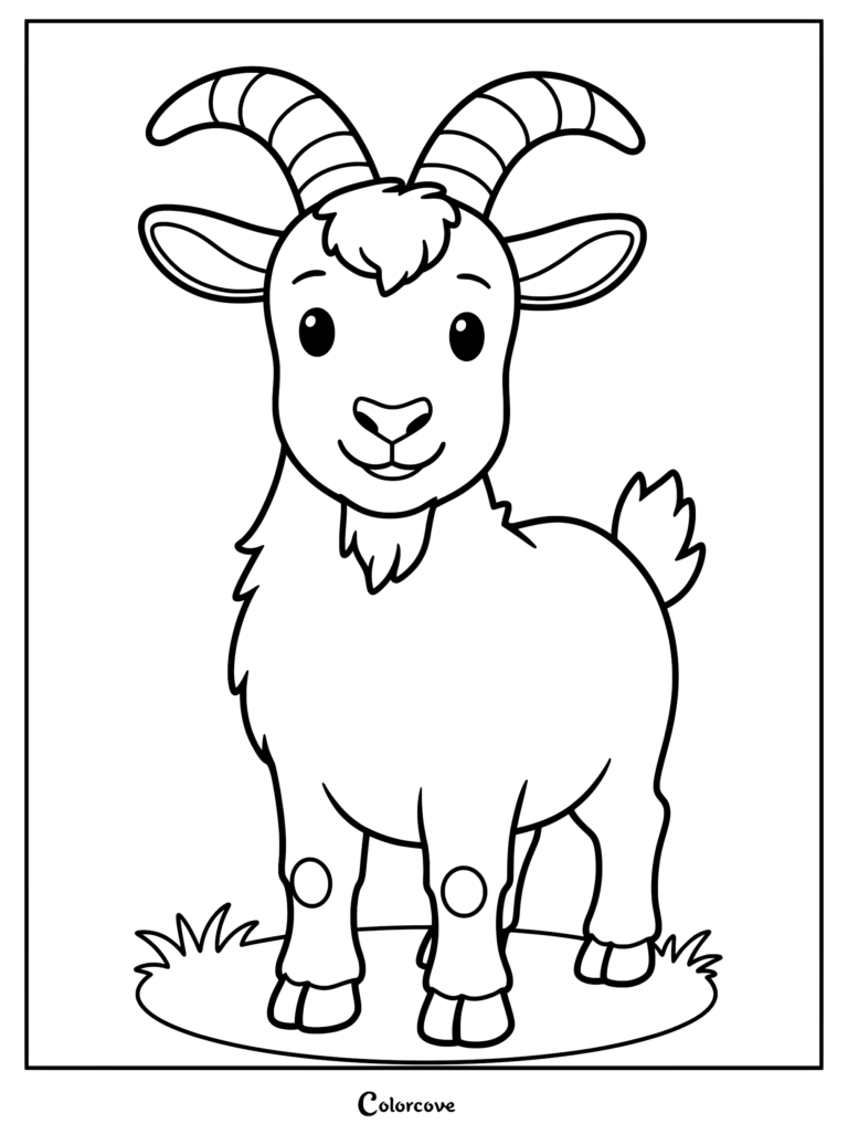 A simple line art coloring page of a friendly cartoon goat with striped horns standing on a patch of grass.