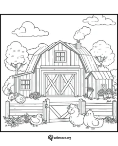 Farm coloring page with barn, sheep, chickens, trees, and clouds. Cute farm animals and barnyard scene for kids.