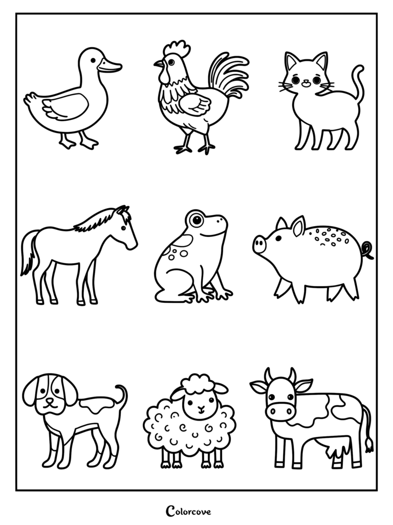 A grid of nine simple farm animal line art illustrations including a duck, rooster, cat, horse, frog, pig, dog, sheep, and cow in this coloring page.