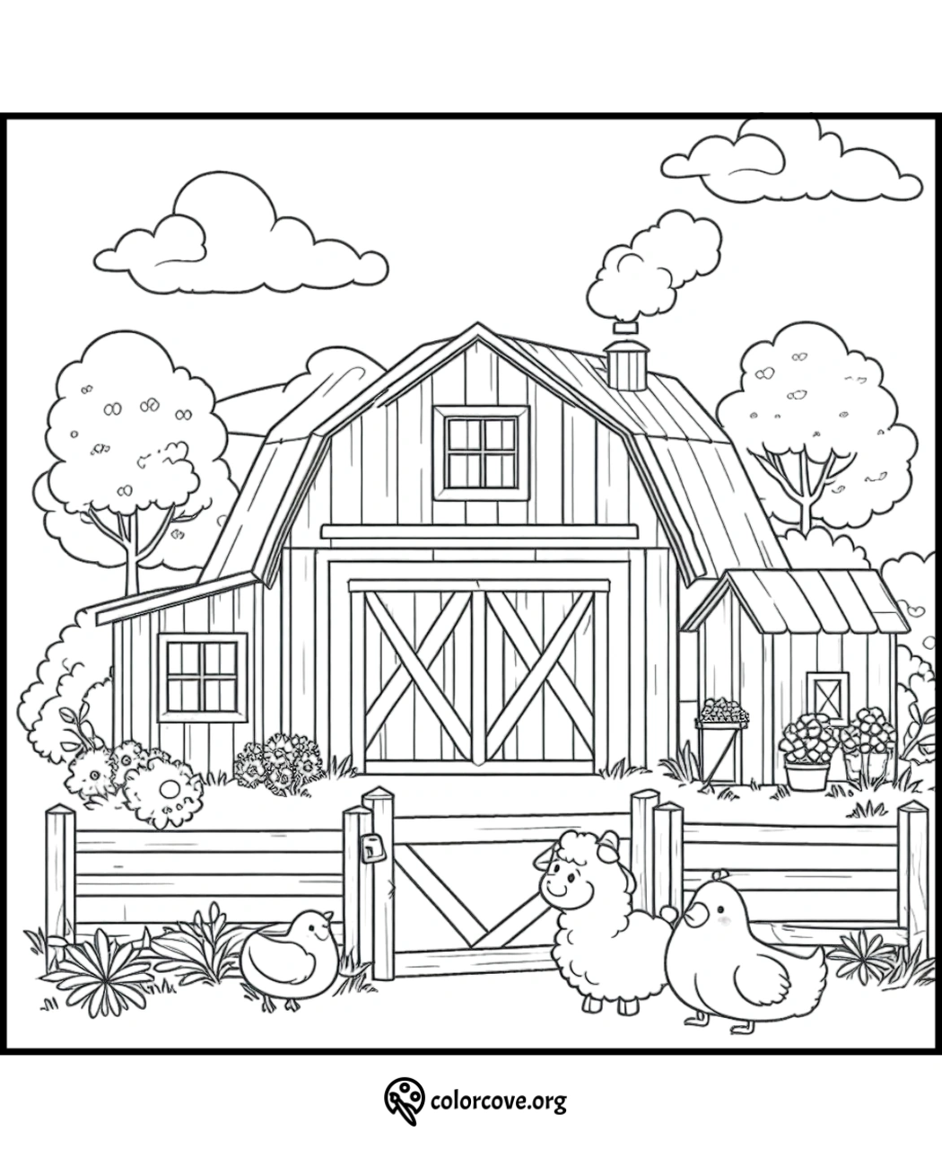 a coloring page of a barn with chickens and sheep