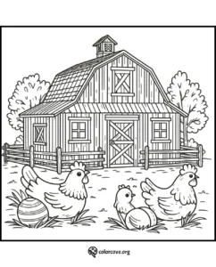 Coloring page of a farm with a barn, chickens, and trees in the background. Perfect for kids' activities.