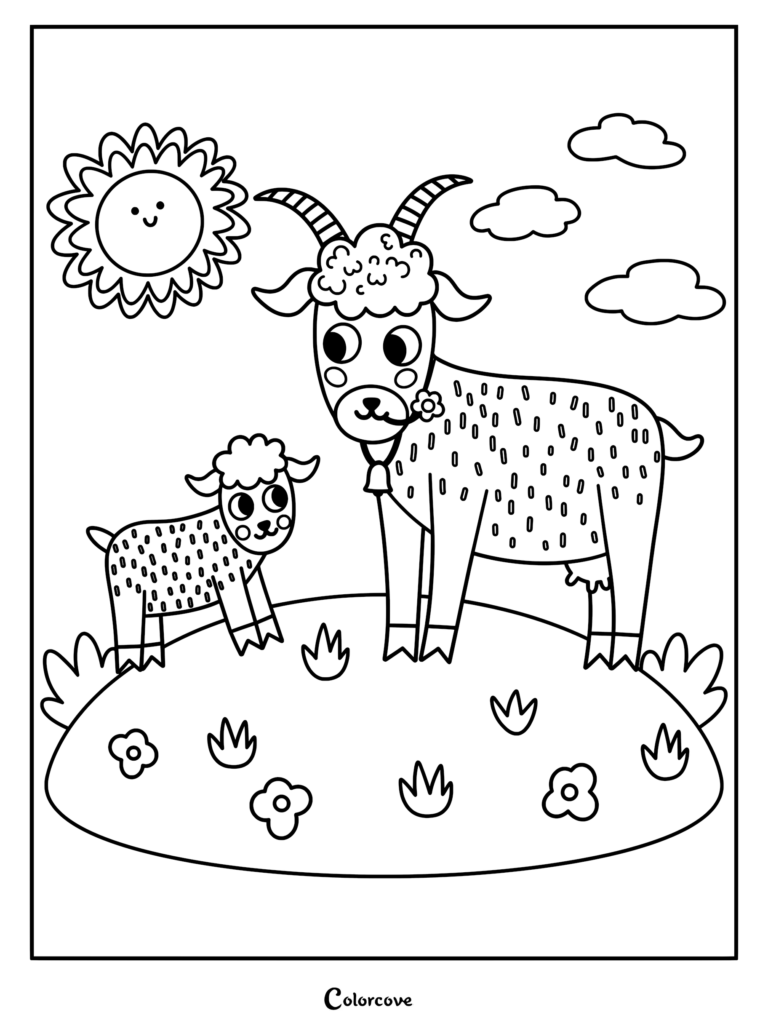 A mother goat with a bell and her small kid standing in a flowery meadow under a smiling sun, printable coloring page.