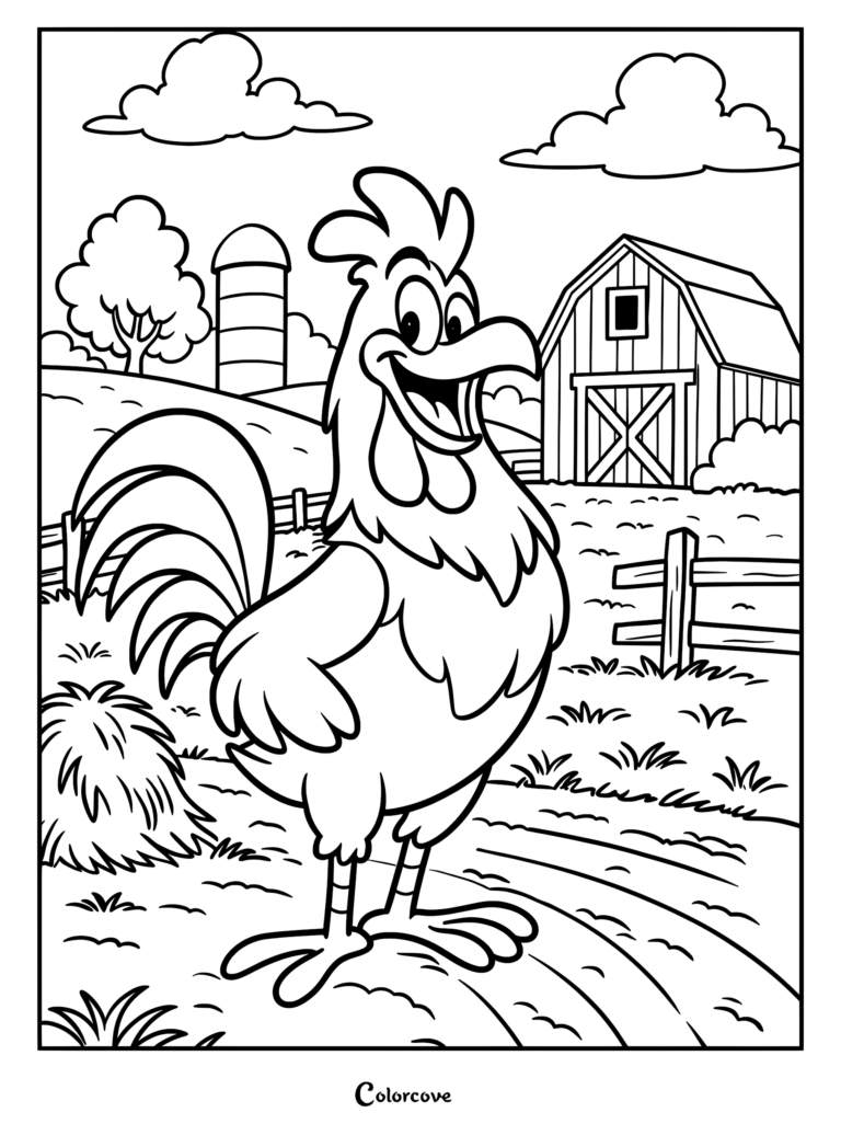 A cheerful rooster standing in a field near a barn and silo in this printable coloring page.