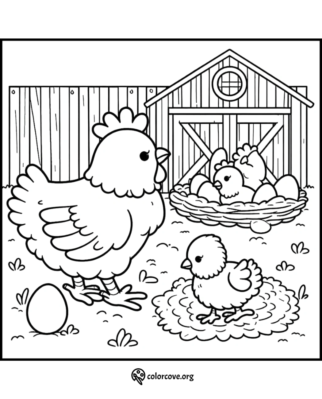 a coloring page of a hen and chicks