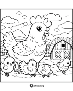 Coloring page featuring a mother hen with her four playful chicks on a farm in front of a barn and scenic background.