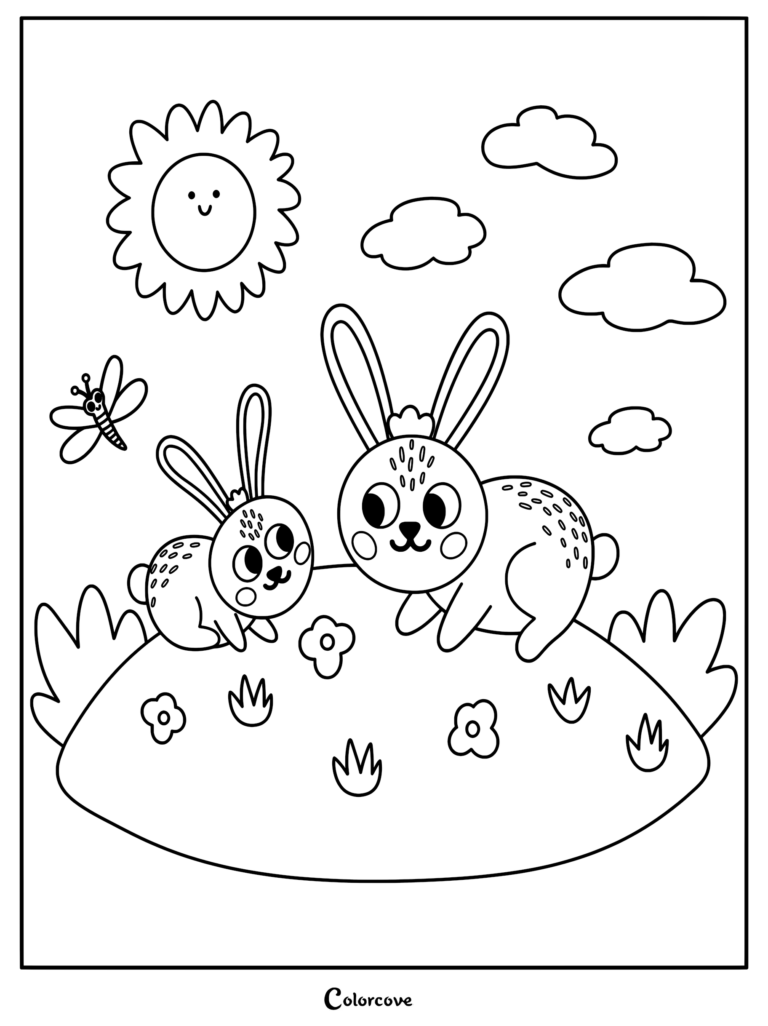 A coloring page featuring two spotted bunnies sitting in a grassy meadow with a smiling sun, clouds, and a dragonfly.