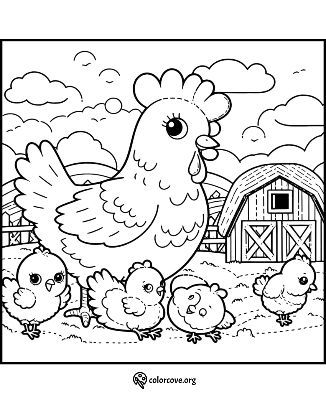 a coloring page of a hen and chicks