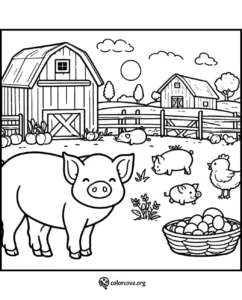 Farm coloring page with barn, pigs, chicken, basket of eggs, and landscape with trees and clouds for kids.
