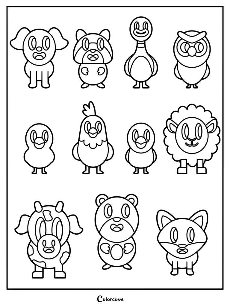 A printable coloring page featuring eleven cute cartoon farm animals including a cow, sheep, chicken, and duck in a grid layout.