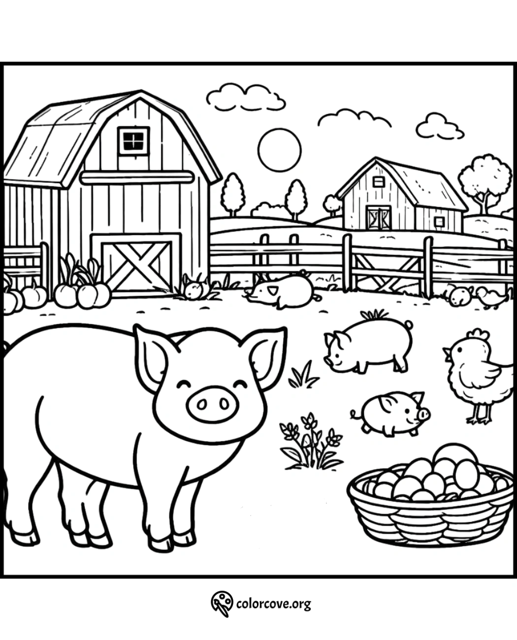 a coloring page of a pig and chickens