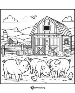 Farm scene coloring page with pigs, chicks, barn, and haystacks. Perfect for kids to download and enjoy coloring.