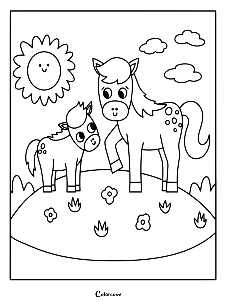 A mother horse and her small foal standing in a grassy meadow under a smiling sun, coloring page style line art.
