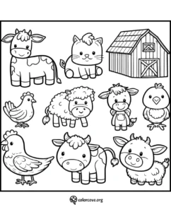 Farm Animal Coloring Page: Cow, cat, barn, chicken, sheep, horse, bird for kids to color. Suitable for preschool and kindergarten.