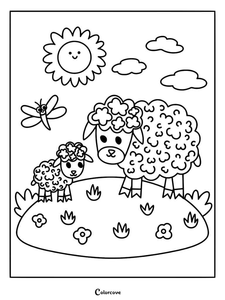 A mother sheep and her lamb standing in a flower-filled meadow with a smiling sun and dragonfly in this printable coloring page.