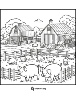 Farm coloring page with pigs, barns, trees, and fenced paddock; perfect for kids to enjoy coloring farm animals and scenery.