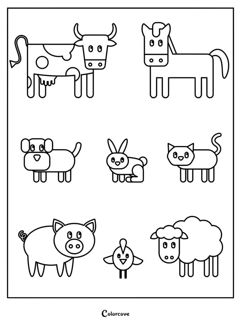 A coloring page featuring a cow, horse, dog, rabbit, cat, pig, chick, and sheep in a simple geometric style.