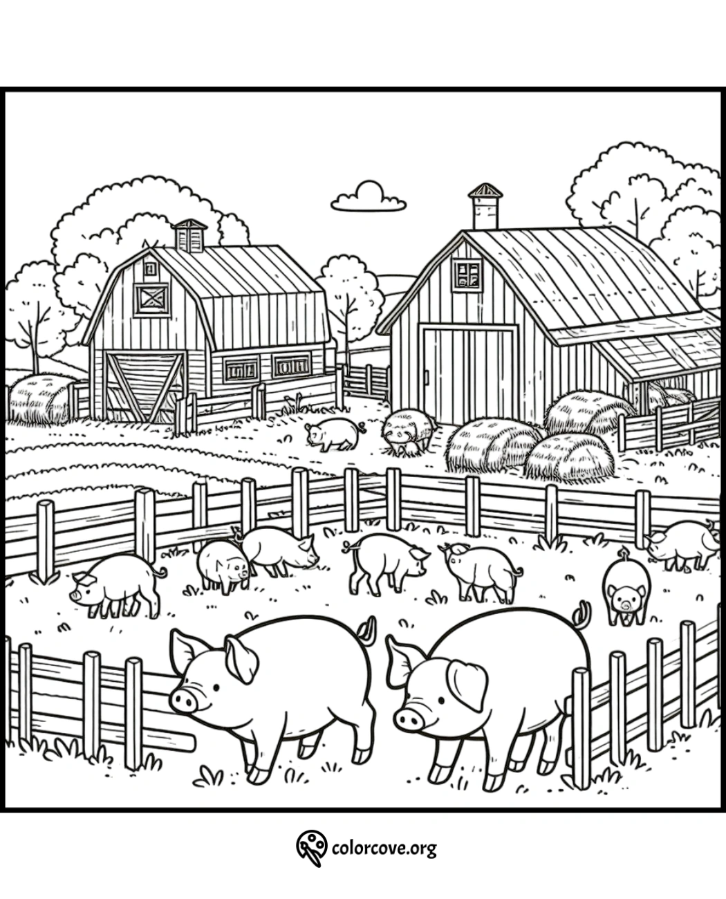 a coloring page of pigs in a pen