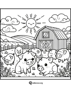 Cute piglets playing near a barn under a smiling sun in this delightful farm-themed coloring page from colorcove.org.