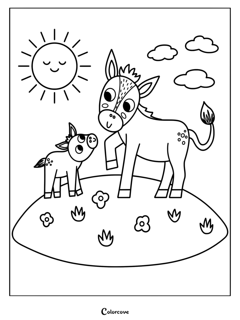A mother donkey and her small foal standing in a flower-filled meadow under a smiling sun, printable coloring page.