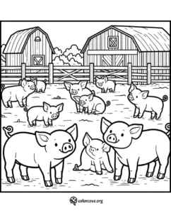Coloring page featuring cute pigs on a farm with two barns. Perfect farmyard scene for kids to color and enjoy.
