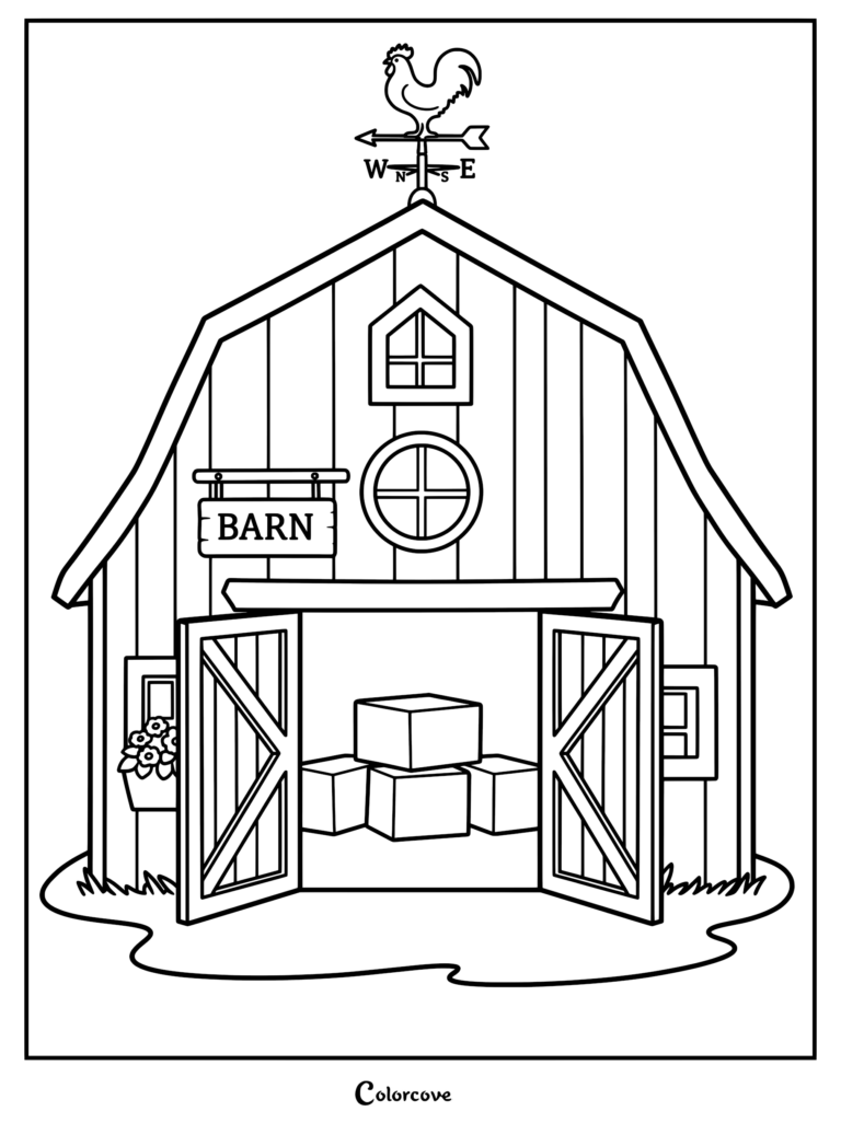 A line art coloring page featuring a rustic farm barn with open doors, stacked boxes inside, and a rooster weather vane on the roof.