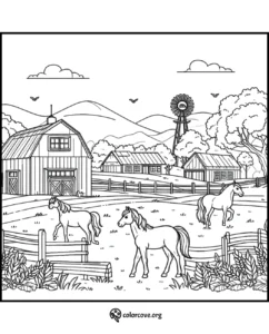Farm scene coloring page with horses, barns, fences, and a windmill in the background. Perfect for kids to color!