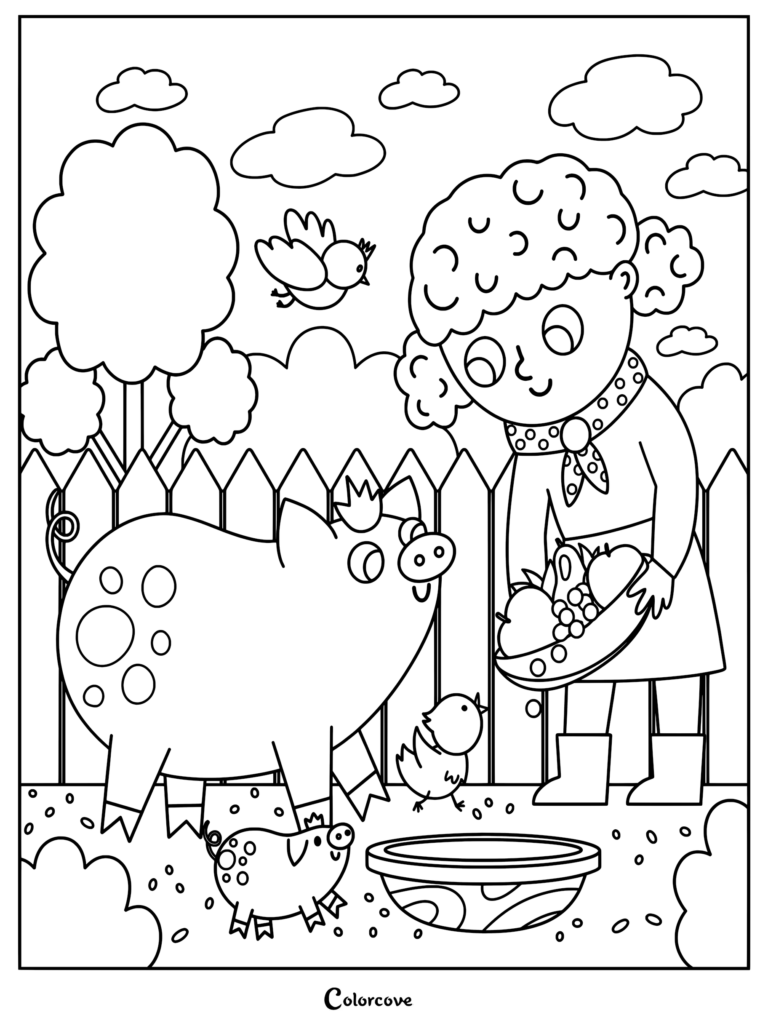A girl with curly hair holding a fruit basket near a pig, piglet, and chick in a farmyard coloring page.