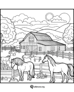 Black-and-white farm scene coloring page featuring horses grazing around a barn with fenced pastures under a cloudy sky.