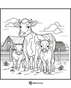 Cow family coloring page with barn and fence background, perfect for kids' farm animal coloring activities.
