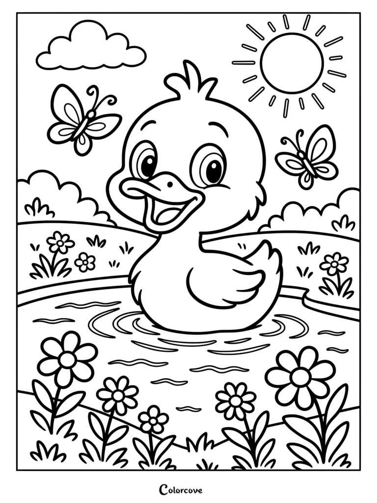 A happy duckling swimming in a pond with butterflies and flowers in this printable coloring page.