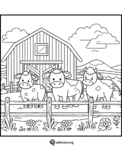 Three cows at a barn coloring page with fence, flowers, and mountains in the background. Fun farm scene for kids to color.