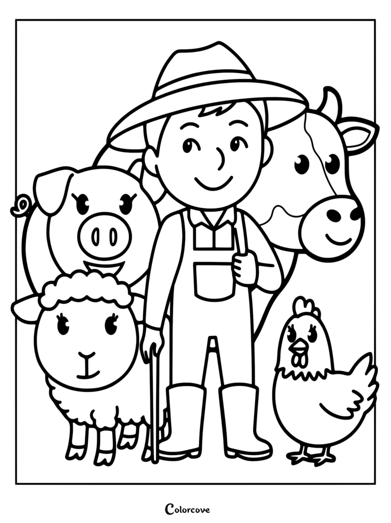 A young farmer in a hat and overalls standing with a pig, sheep, cow, and chicken in this printable coloring page.