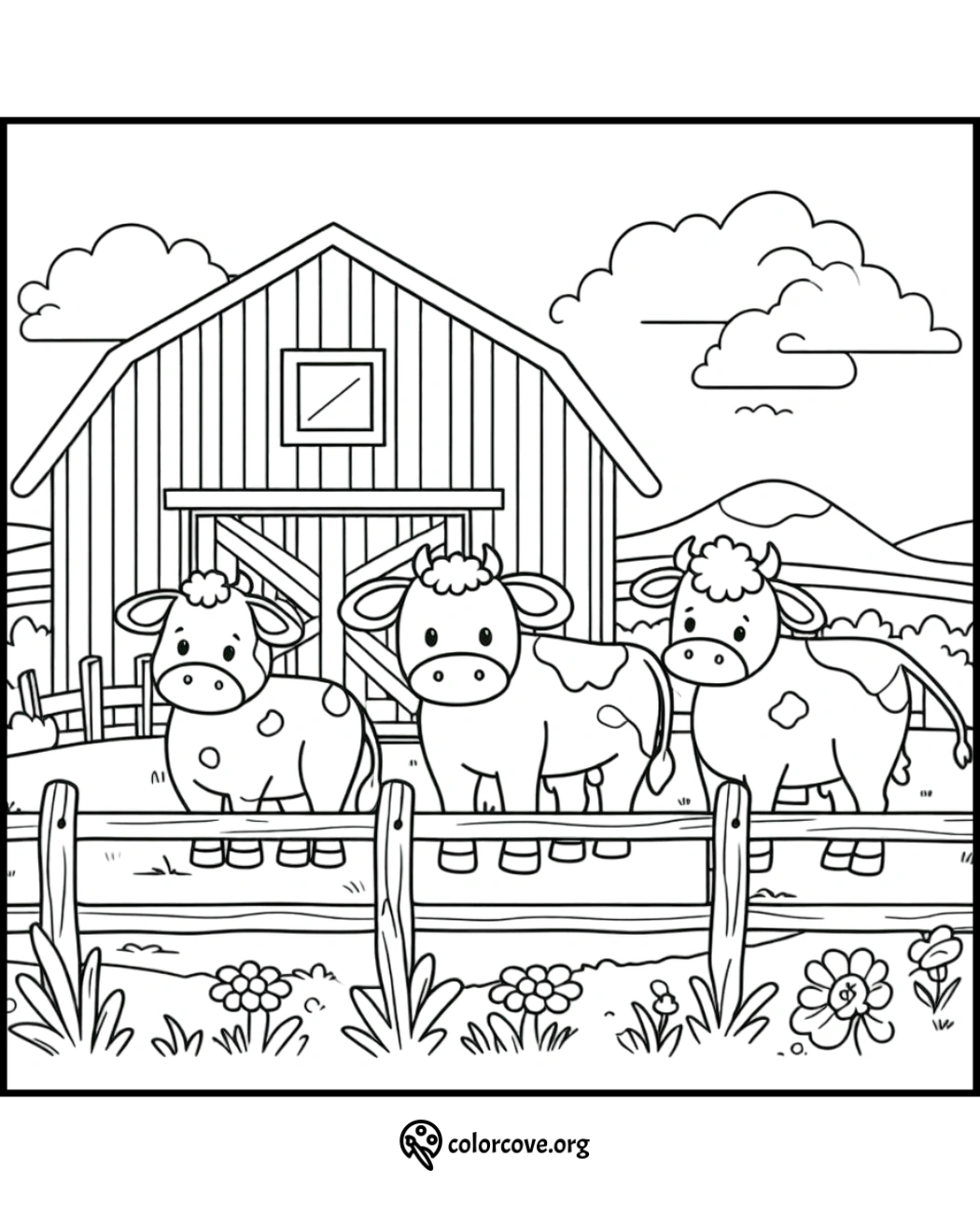 a coloring page of cows and a barn