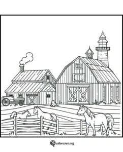 Farm Coloring Page with Horses: Barn, farmhouse, and lighthouse, surrounded by fields and horses in a fenced area.
